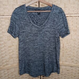 Athleta Black and Gray Striped V-Neck Tee